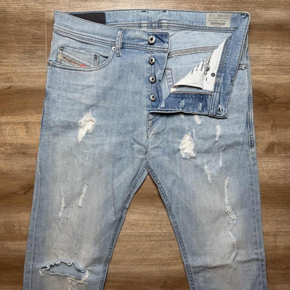 Diesel Jeans Men 31x32 Blue Tepphar Slim Carrot Stretch Denim Destroyed 0849E